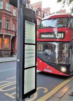 Papercast solar-powered e-paper bus station signage, London, UK